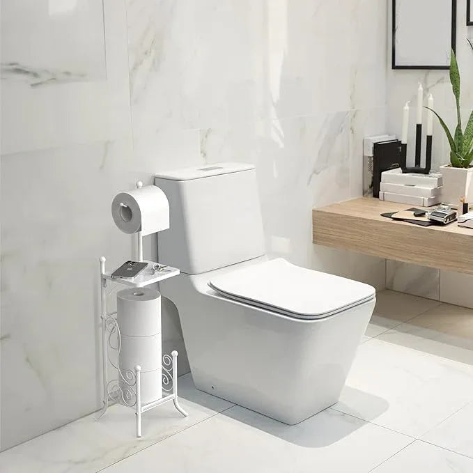 Simple Houseware English Style Bathroom Toilet Tissue Roll Holder Stand with Shelf, White - ModernBath