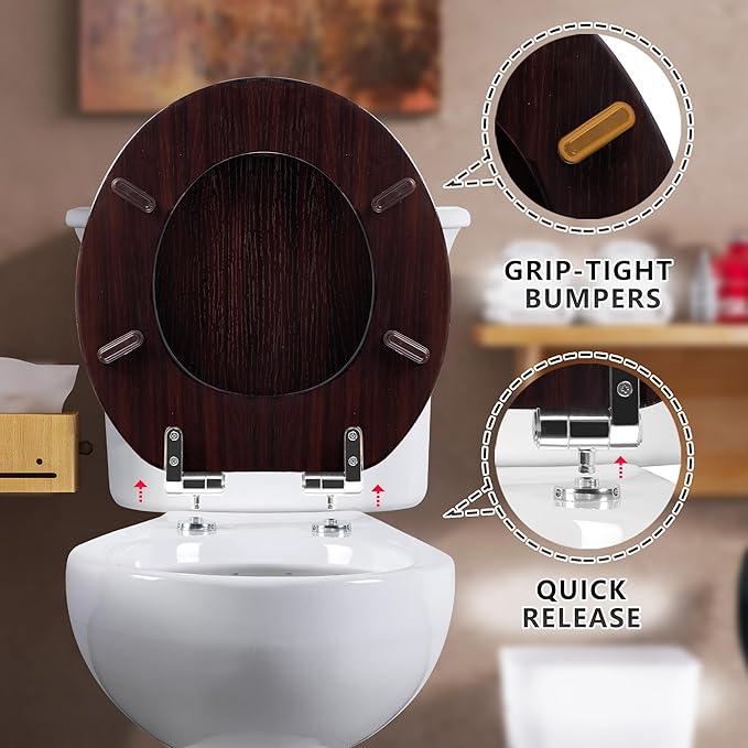 Round Toilet Seat Molded Wood Toilet Seat with Quietly Close and Quick Release Hinges, Easy to Install also Easy to Clean by Angol Shiold (Round, Dark Brown) - ModernBath