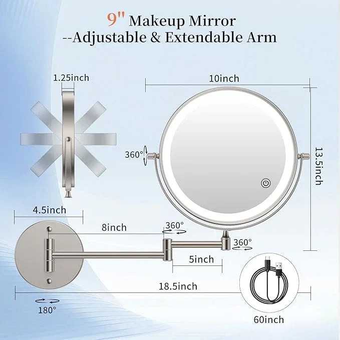FUNTOUCH 9" 5000mAh Rechargeable Wall Mount Makeup Mirror with Lights, 30X/1X Magnifying Double Sided Mirror, 3 Color Lights,Touch Dimmable, 360 Rotation Extended Arm with Adapter,Brush Nickel - ModernBath