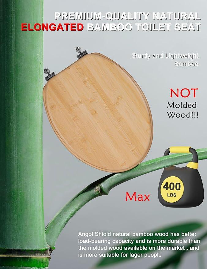 Elongated Bamboo Toilet Seat with Zinc Alloy Hinges, Easy to Install also Easy to Clean, Natural Bamboo, Light, 18.5-inch - ModernBath