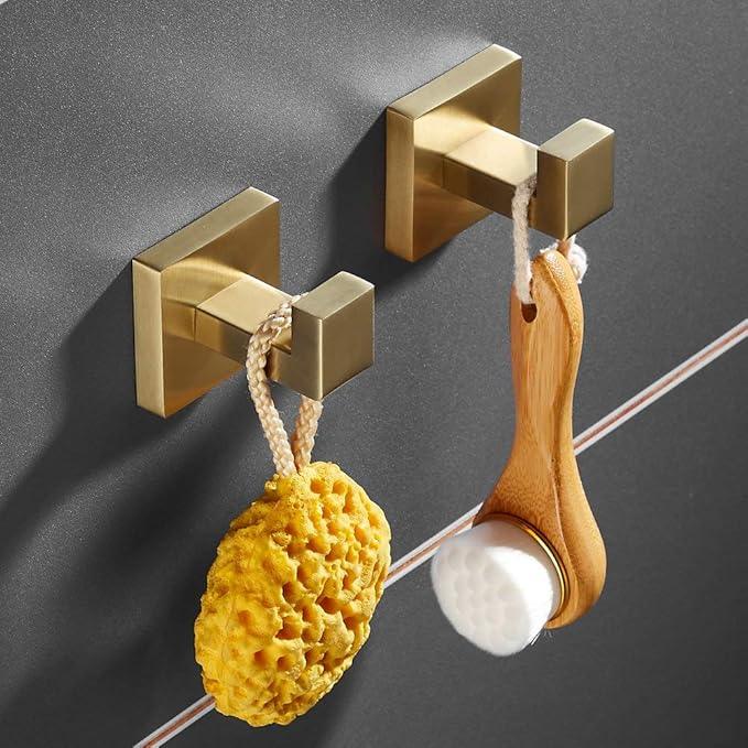 SHUNLI Brushed Gold Towel Hooks for Bathroom, 4 PCS Wall Hook Coat Robe Hook Towel Holder, Heavy Duty Bath Hook Modern Square, SUS304 Stainless Steel - ModernBath