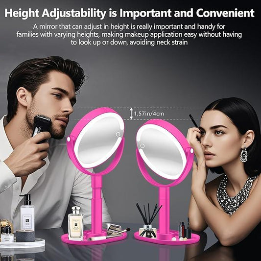 MIYADIVA Makeup Mirror with Lights, 30X Magnifying Mirror with Light and Touch Switch, Vanity Mirror with 3 Color Light and 80 LEDs, Height Adjustable Desk Mirror with Lights, Hot Pink - ModernBath