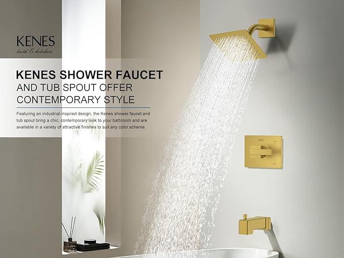 KENES Brushed Gold Tub and Shower Trim Kit, Square Tub Shower Faucet Set Complete with 6-Inch Rainfall Shower Head and Tub Spout, KE-6025A-4 (Shower Valve Included) - ModernBath