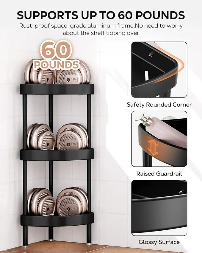 Nieifi Corner Shower Caddy Stand-3 Tier Rustproof Anodized Aluminum Standing Shower Organizer-Shower Caddy Corner-Dual Stability to Anti-Shaking-Height-Adjustable Legs for Uneven Surfaces-Black - ModernBath