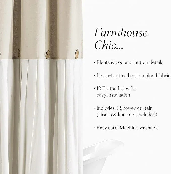 Lush Decor Linen Button Shower Curtain, 72" W x 72" L, Linen - Neural Shower Curtain Fabric - Bathroom Curtain - Farmhouse Bathroom Decor - ModernBath