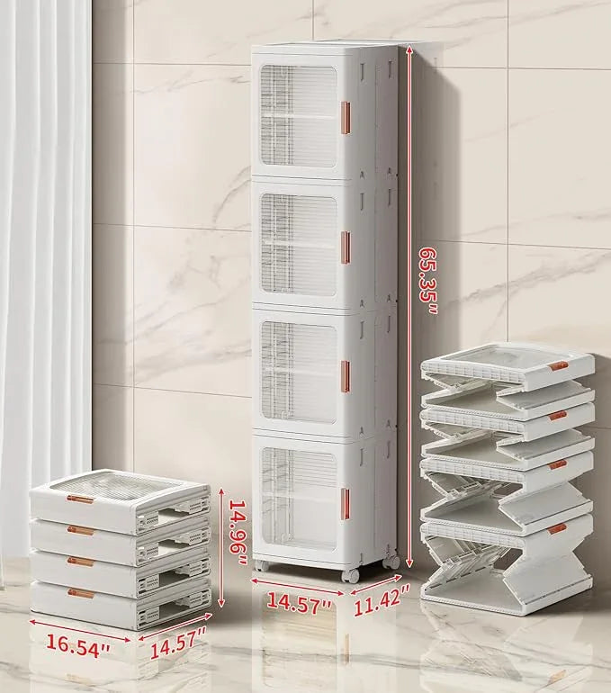 4-Tier Tall Narrow Bathroom Storage Cabinet with Doors and Adjustable Shelves Slim Foldable Cabinets with Wheels Small Spaces Plastic Organizers for Kitchen Laundry Room Bedroom Pantry,White - ModernBath