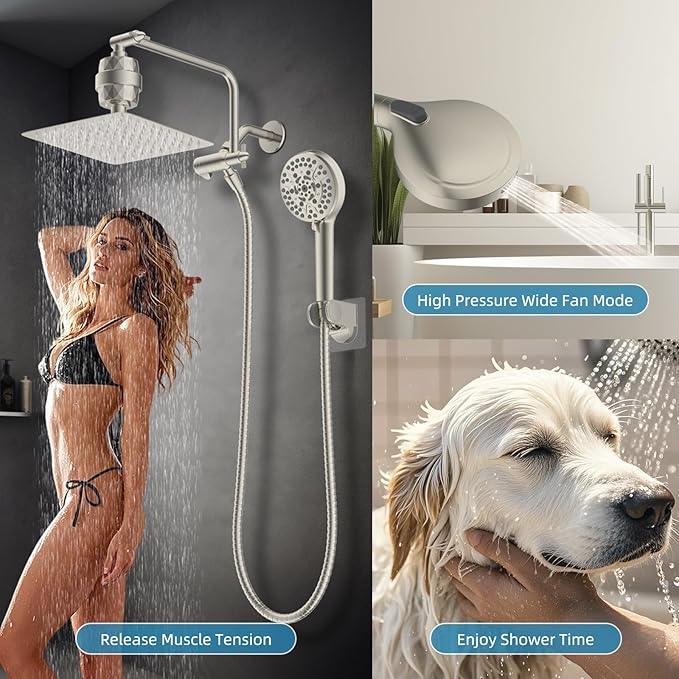 Filtered Shower Head, 10" High Pressure 10-Spray Handheld/Rainfall Shower Head Combo with 20 Stage Shower Filter, 11" Shower Extension Arm, 71" Hose, Shower Head Holder, Brushed Nickel - ModernBath