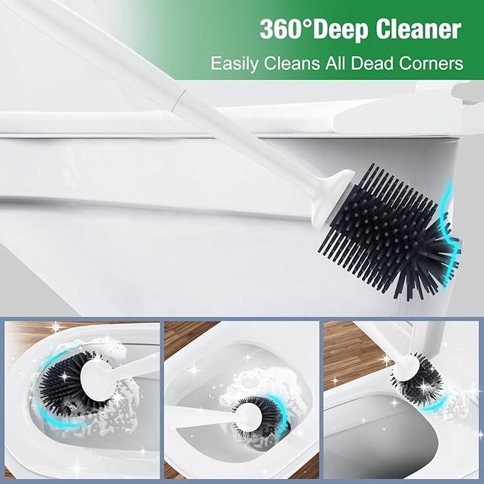 Lefree, 2 in 1 Toilet Brush and Plunger Set with Silicone Bristles, Plastic Material, Includes Holder, White/Black, for Deep Cleaning - ModernBath