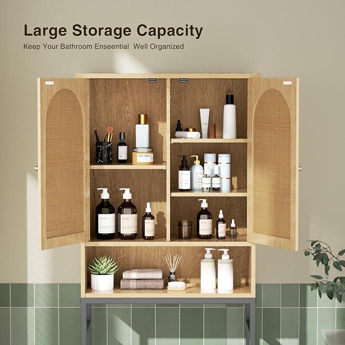 Rattan Toilet Storage Cabinet, Over the Rack Wood Cabinet with Metal Stand, Bathroom Organizer with Adjustable Shelf, Tall Freestanding Washer Shelf, Small Cupboard, Space Saver, Natural style - ModernBath