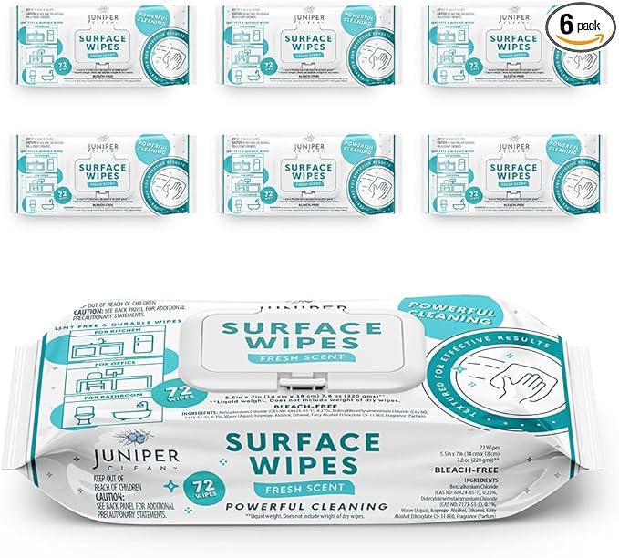 Juniper CLEAN 6 Pack Surface Cleaning Wipes Bleach Free, All-Purpose Cleaner for Bathroom, Kitchen, Office, 72 Count Soft Flow, Fresh Scent, Lint Free & Durable - ModernBath