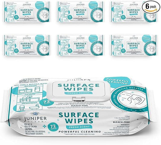 Juniper CLEAN 6 Pack Surface Cleaning Wipes Bleach Free, All-Purpose Cleaner for Bathroom, Kitchen, Office, 72 Count Soft Flow, Fresh Scent, Lint Free & Durable - ModernBath