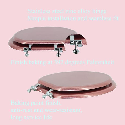 BLOFDE Round Toilet Seat Wood Toilet Seat Prevent Shifting with Zinc Alloy Hinges American Standard Size Toilet Seat Easy to Install also Easy to Clean （Round,Sparkling Queen Red)