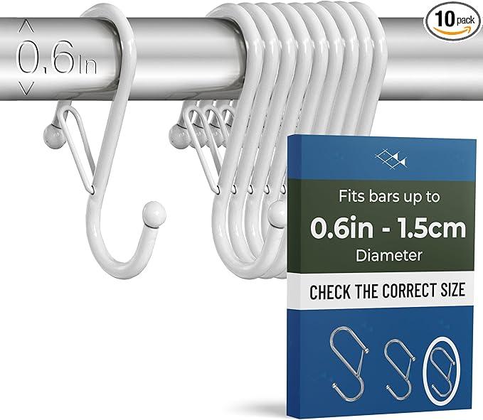 Blau Marité 10-Pack Metal S Hooks for Hanging – Heavy-Duty S-Shaped Hooks with Safety Buckle – Fits Bars up to 0.6 in – Anti-Drop Hooks for Kitchen, Pot Racks & Towel Bars – White (Small) - ModernBath