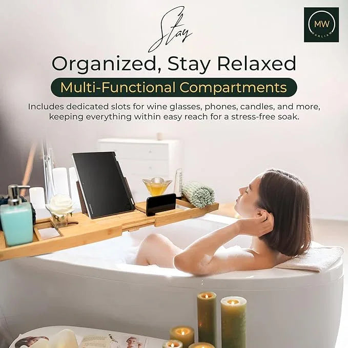 Luxury Foldable Bamboo Bathtub Tray - Wine Glass and Tablet Holder, Spa Bath Caddy for Relaxation, Gifts for Her, Him, Couples, Adjustable and Waterproof, Perfect for Birthdays, Weddings, Housewarming - ModernBath
