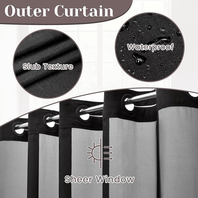 SORTTO No Hook Slub Textured Shower Curtain with Snap in Liner - Black Fabric Outer Curtain & Waterproof Inner Liner, Hotel Style with See Through Top Window, 71x86 in - ModernBath