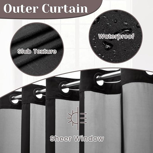 SORTTO No Hook Slub Textured Shower Curtain with Snap in Liner - Black Fabric Outer Curtain & Waterproof Inner Liner, Hotel Style with See Through Top Window, 71x86 in - ModernBath