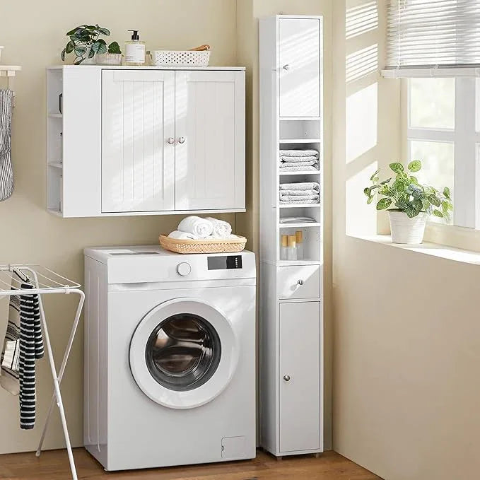 Haotian Bathroom Skinny Tall Storage Cabinet, Slim Stand Narrow Tower Cabinet with Adjustable Shelves for Small Spaces, White BZR167-GW - ModernBath