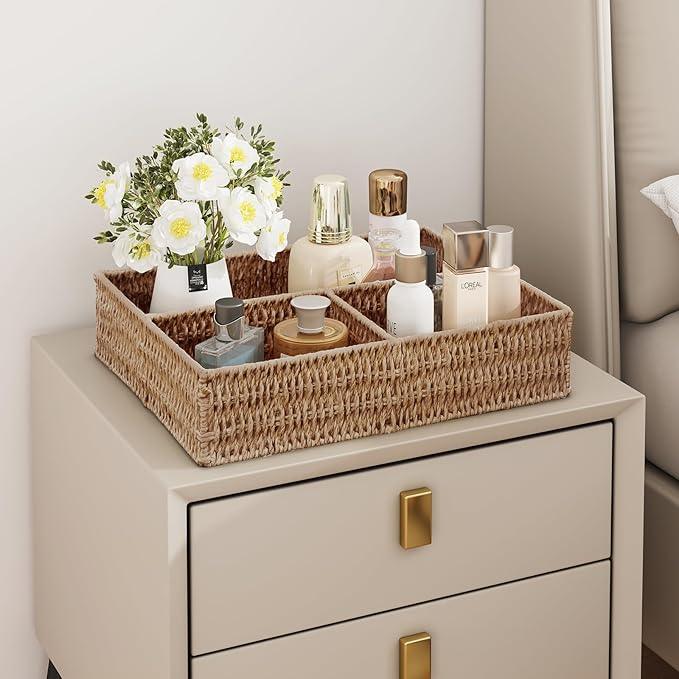 Vagusicc Wicker Divided Storage Basket, Wicker Baskets, Basket for Shelves Drawer Organizing, 3 Section Rectangular Woven Storage Baskets, 2-Pack, Natural - ModernBath