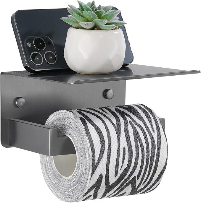 APLusee Toilet Paper Holder with Phone Shelf Gunmetal Gray, 304 Stainless Steel Rustproof Wall Mounted Heavy-Duty, Space-Saving for Modern Bathrooms - ModernBath