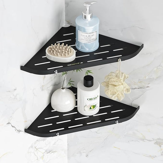 Corner Shower Shelf, 9" Corner Shower Caddy, SUS304 Stainless Steel Shower Organizer Wall Mount Corner Shelf with 2 Hooks for Bathroom, Dorm and Kitchen, Matte Black (2 Pack)