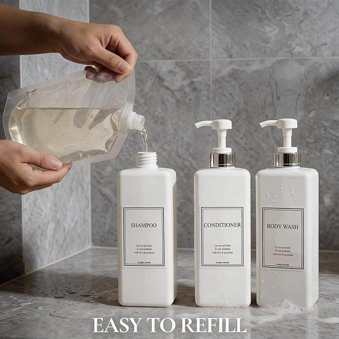 Shampoo and Conditioner Dispenser - Modern Design Large 27oz Shower Soap Dispenser Set of 3, Refillable Empty Plastic Pump Bottles for Bathroom, 6 Waterproof Labels Included, White & Silver - ModernBath