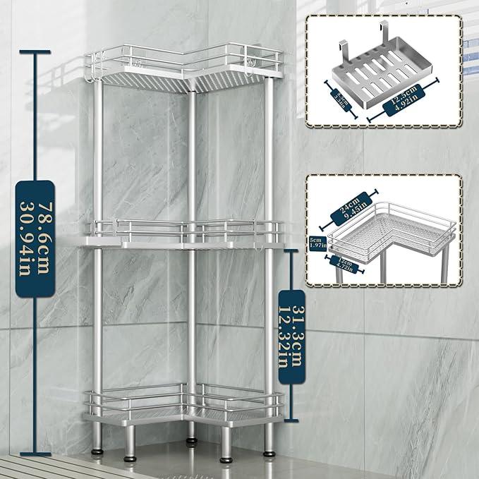 Consumest Corner Shower Caddy Standing - 3-Tier Stainless Steel Shower Organizer with Soap Holder and 4 Hooks, Large Capacity Corner Shelf Stand for Bathroom, Rest Room, Silver - ModernBath