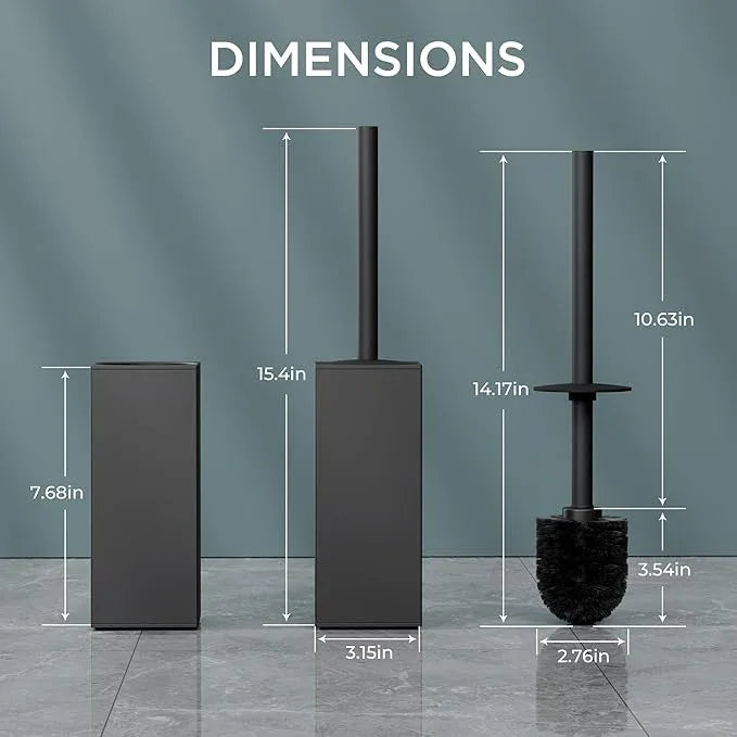 FORIOUS Toilet Brush and Holder Set, Heavy Duty 304 Stainless Steel Base Square and Long Handle for Bathroom Deep Cleaning, Drip-Proof, Space Saving for Storage, 2 Toilet Bowl Brush Head, Black - ModernBath