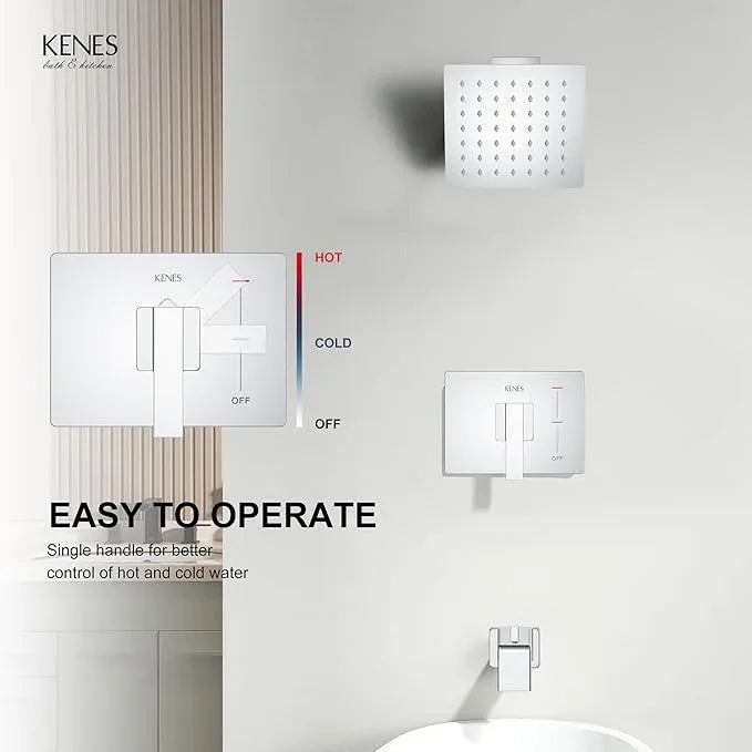 KENES Chrome Tub and Shower Trim Kit, Square Tub Shower Faucet Set Complete with 6-Inch Rainfall Shower Head and Tub Spout, KE-6025A-5 (Shower Valve Included) - ModernBath