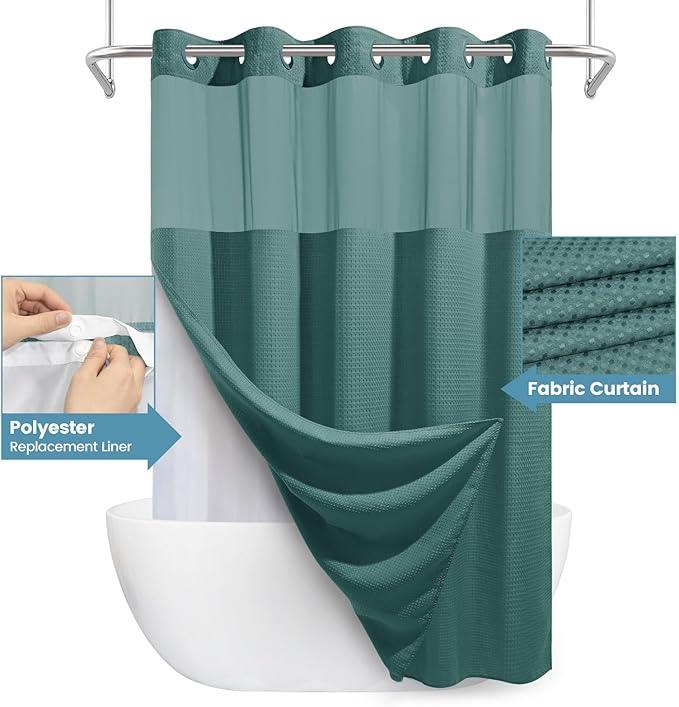 EUTXL Seaweed Green Long No Hook Shower Curtain with Snap in Liner,230GSM Waffle Weave Shower Curtains for Bathroom,71W x 86H - ModernBath