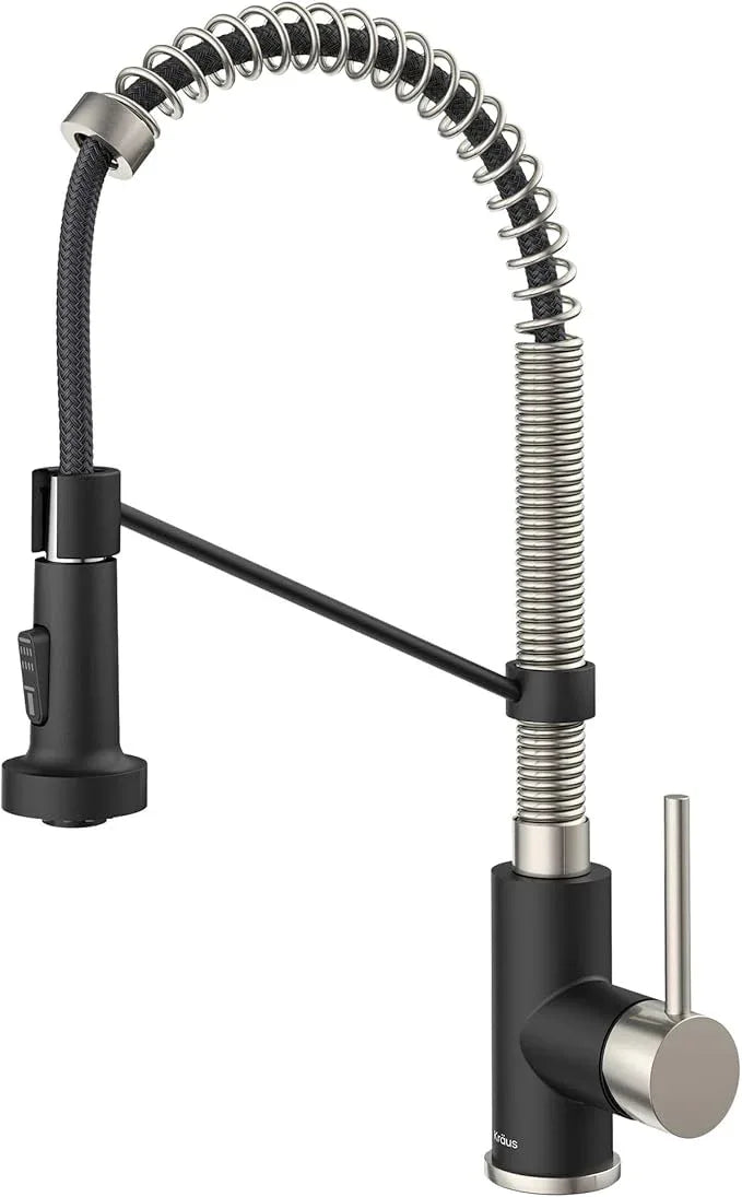 KRAUS Bolden Commercial Style 2-Function Single Handle Pull Down Kitchen Faucet in Stainless Steel/Matte Black, KPF-1610SSMB (Pack of 1) - ModernBath