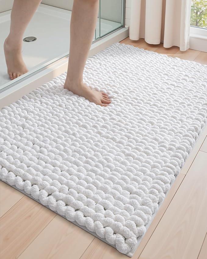 DEXI Bathroom Rugs 24x43, Non Slip Washable Bath Mat, Luxury Chenille Super Absorbent Ultra Thick Bathmats for Shower Floor, Plush Fluffy Shaggy Carpet for Tub, White - ModernBath