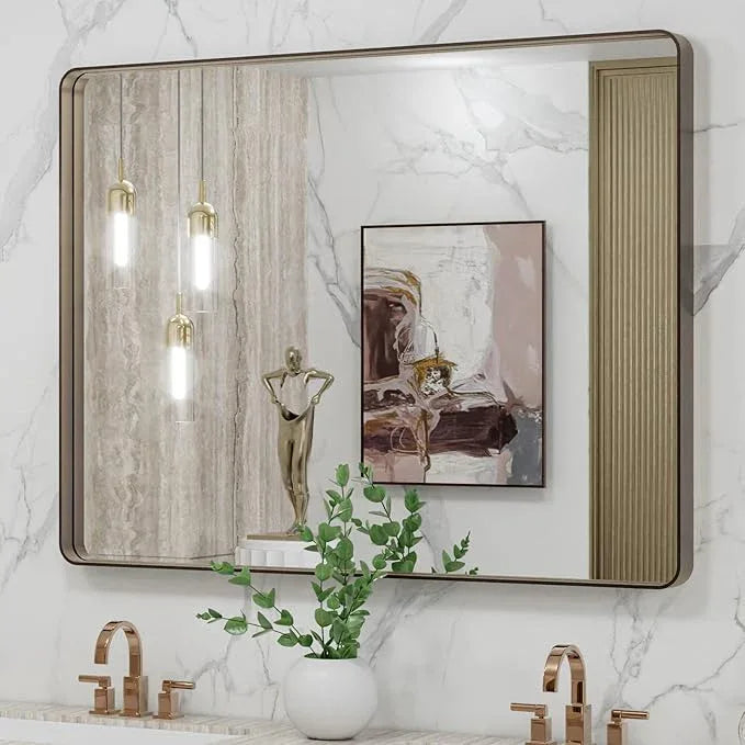 LOAAO 40”X30” Bronze Bathroom Mirrors for Vanity, Rounded Rectangle Brushed Bronze Metal Frame Mirror, Anti-Rust, Tempered Glass, Hangs Horizontally or Vertically - ModernBath