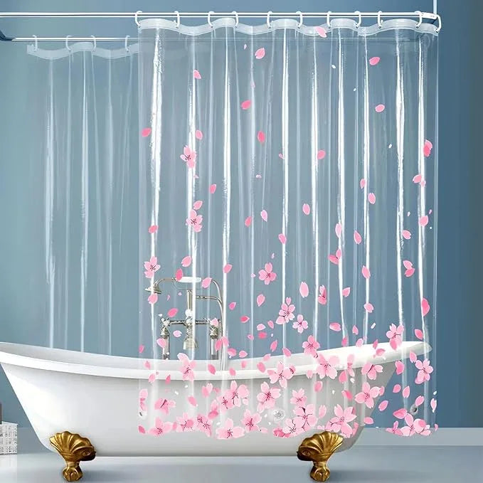 Clear Pink Floral Shower Curtain Liner, Cute Plastic Transparent Cherry Blossom Shower Curtain, Girly Flower Petals Spring Shower Curtains for Bathroom, 72x72 Shower Curtain Set with Magnets 12 Hooks - ModernBath