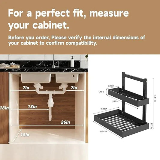 Bamboo Undersink Organizer Storage - 2-Tier Cabinet Shelf with Adjustable Levels, Under Sink Storage Slide Out for Cabinet Pantry Kitchen Bathroom (Black) - ModernBath