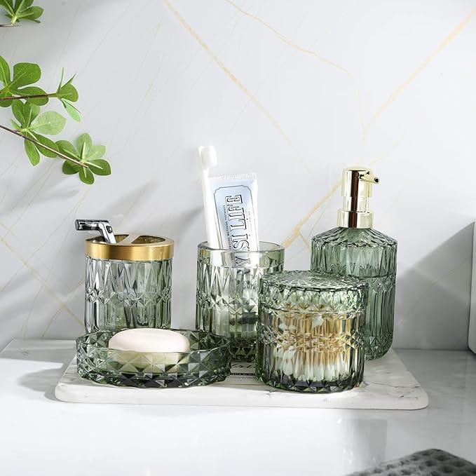 LaMarriti Green Bathroom Accessories Set, 5Pcs Clear Glass Bathroom Set Accessories, Soap Dispenser, Soap Dish, Toothbrush Holder Set, Tumbler, Qtips Holder for Vintage Crystal Bath Decor - ModernBath
