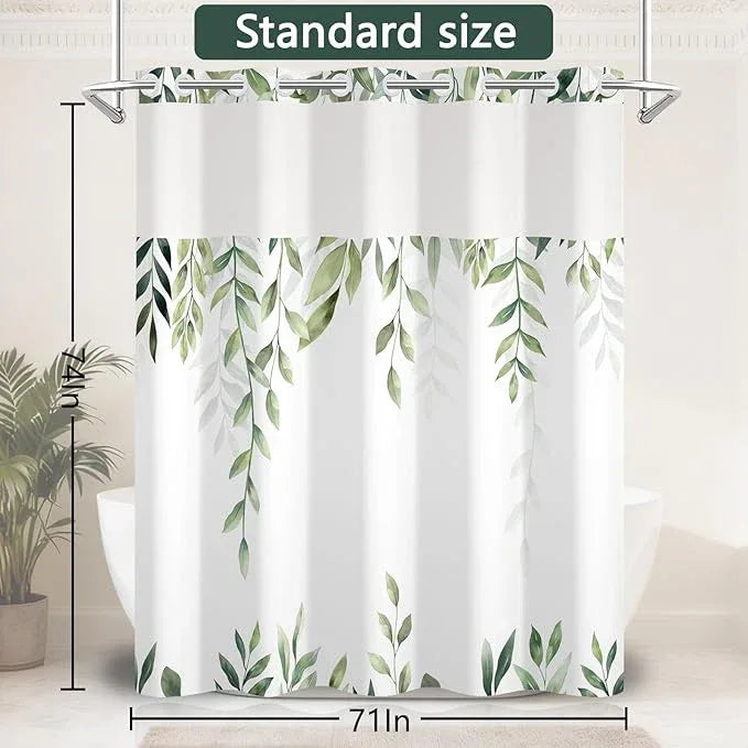 NAEMBCU No Hook Shower Curtain with Snap-in Liner, Tropical Green Watercolor Plant Bath Curtain with See Through Top, Waterproof Double Layer for Bathroom Decor, 71 x 74 Inch - ModernBath