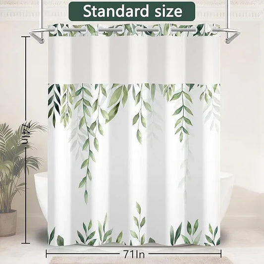 NAEMBCU No Hook Shower Curtain with Snap-in Liner, Tropical Green Watercolor Plant Bath Curtain with See Through Top, Waterproof Double Layer for Bathroom Decor, 71 x 74 Inch - ModernBath