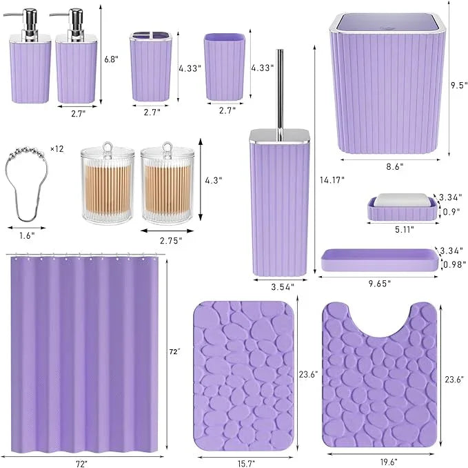 XLHOMO Bathroom Accessories Set - 25PC Bathroom Sets with Shower Curtain and Rugs, Purple Bathroom Accessories with Trash Can, Soap Dispenser, Soap Dish & Toilet Brush - ModernBath