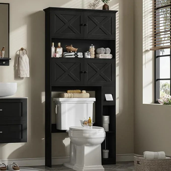 Over The Toilet Storage Cabinet, Farmhouse Storage Cabinet Over Toilet with 4 Barn Doors & Toilet Paper Holder Stand, Black Toilet Shelf Home Space Saver for Restroom, Bathroom, Laundry - ModernBath