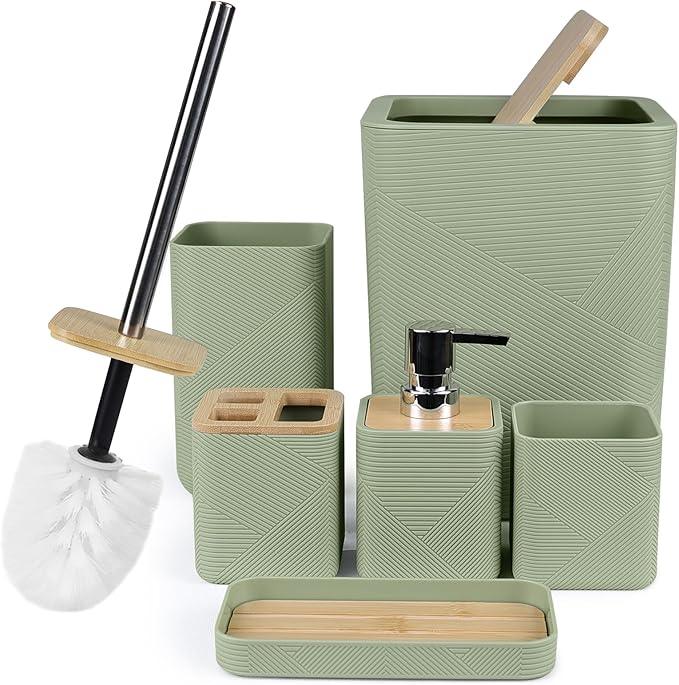 CERBIOR Bathroom Accessories Set 6 Piece Bamboo Bath Ensemble Includes Soap Dispenser, Toothbrush Holder, Toothbrush Cup, Soap Dish for Decorative Countertop and Housewarming Gift (Green) - ModernBath