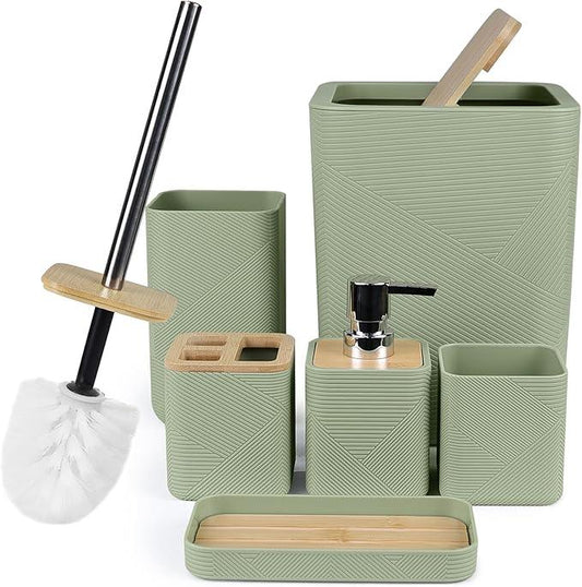 CERBIOR Bathroom Accessories Set 6 Piece Bamboo Bath Ensemble Includes Soap Dispenser, Toothbrush Holder, Toothbrush Cup, Soap Dish for Decorative Countertop and Housewarming Gift (Green) - ModernBath