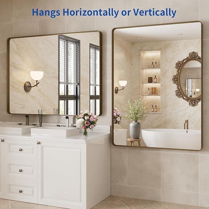 WEER Bronze Bathroom Mirror 48x36 Inch, Farmhouse Oil Rubbed Bronze Mirror for Wall, Aluminum Alloy Brushed Bronze Metal Frame Mirror for Vanity, Tempered Glass, Anti-Rust (Horizontal/Vertical) - ModernBath