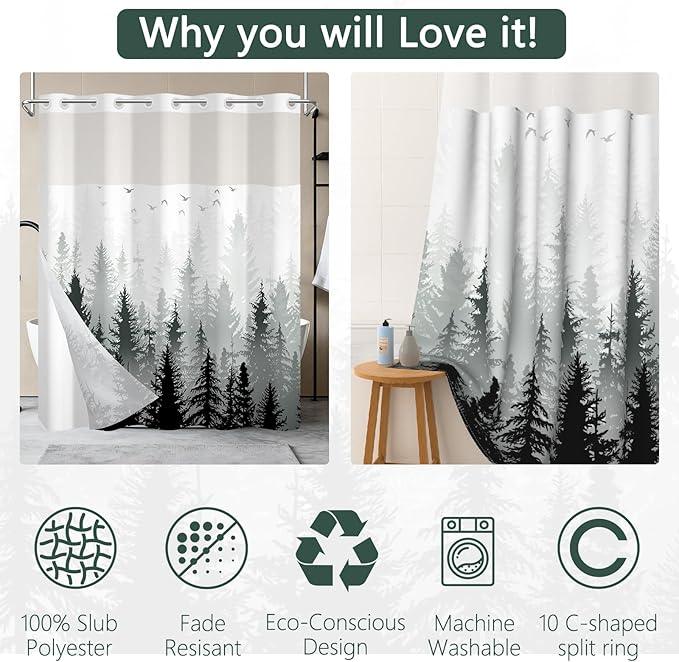 NAEMBCU No Hook Landscape Shower Curtain with Snap-in Liner, Green Misty Forest Bath Curtain with See Through Top, Waterproof Double Layer for Bathroom Decor, 71 x 74 Inch - ModernBath