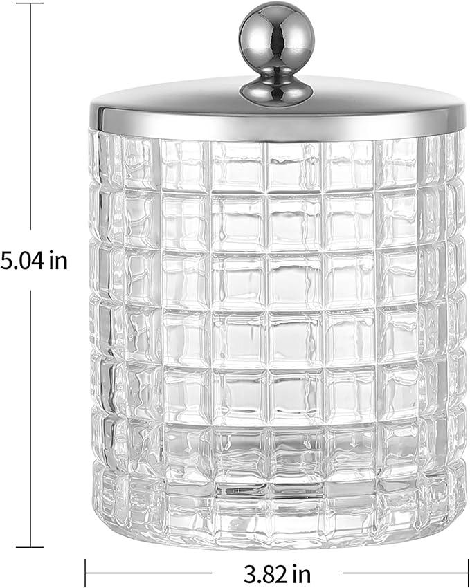 Indecor Home Glass Cotton Jar Holder Silver Lid, Elegant Bathroom Storage Canister for Qtips, Cotton Balls, Floss, Makeup Organizer, Vanity Bathroom Organization - ModernBath