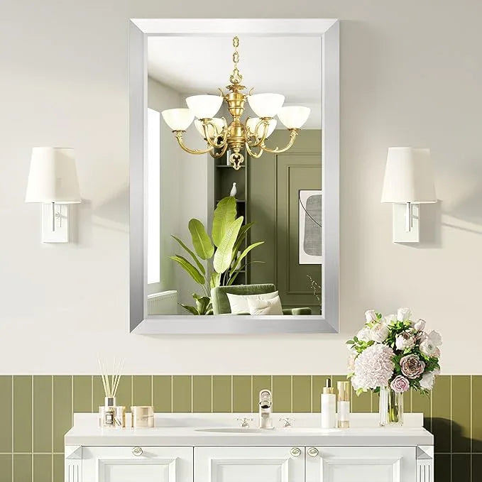 Bathroom Mirror for Over Sink,22x30Inch Silver Thick Anti-Rust Metal Frame, Rectangle Decorative Wall Mirror with HD Tempered Glass, Horizontal or Vertical Mount for Vanity, Bathroom,Living Room - ModernBath