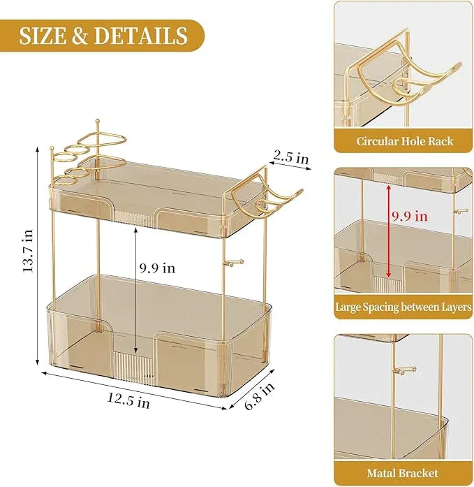 Bathroom Counter Organizer for Vanity, Makeup Organizer Countertop with Holder, Large Capacity Storage Rack, Perfect Large Skincare, Hair Care, Perfume, Easy to Install (Gold, 2Tiers) - ModernBath