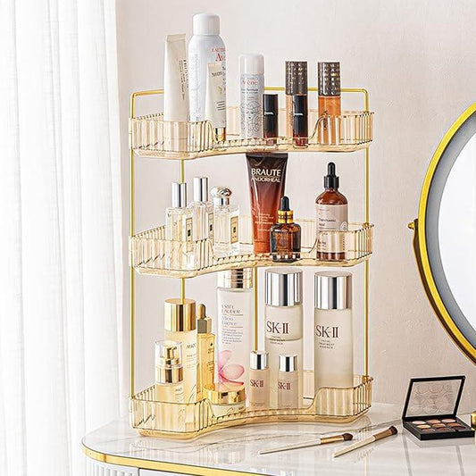 shuang qing 3-Tier Corner Bathroom Counter Organizer – Classic Storage Shelf for Makeup, Perfume & Toiletries, Space-Saving Countertop Tray Fits Bathroom, Dresser, Kitchen (Vintage Gold) - ModernBath