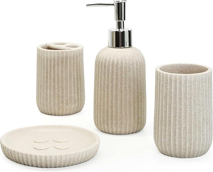 SEICASAYA 4-Piece Bathroom Accessory Set - Modern Resin & Sandstone Collection - Includes Soap Dispenser 8.5oz, Toothbrush Holder, Tumbler, Soap Dish (Beige) - ModernBath