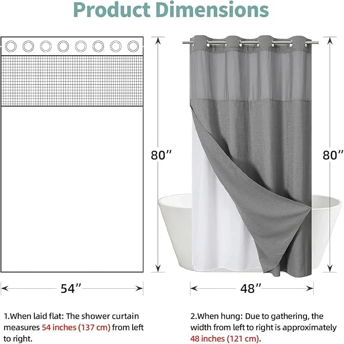 eachope Grey No Hook Waffle Weave Shower Curtain with snap-in Liner Replacement, 230GSM Waterproof Fabric Hotel Shower Curtain Set for Bathroom, Through Mesh Top Window,54Wx80H - ModernBath
