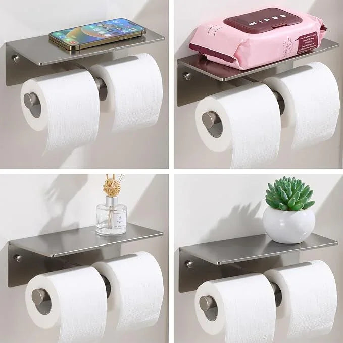 Toilet Paper Holder - Double Rolls Toilet Tissue Holder with Phone Shelf for Bathroom - TP Roll Holder with Wipes Storage, Wall Mounted by Adhesive Tape No Drilling or Screw - Brushed Nickel - ModernBath
